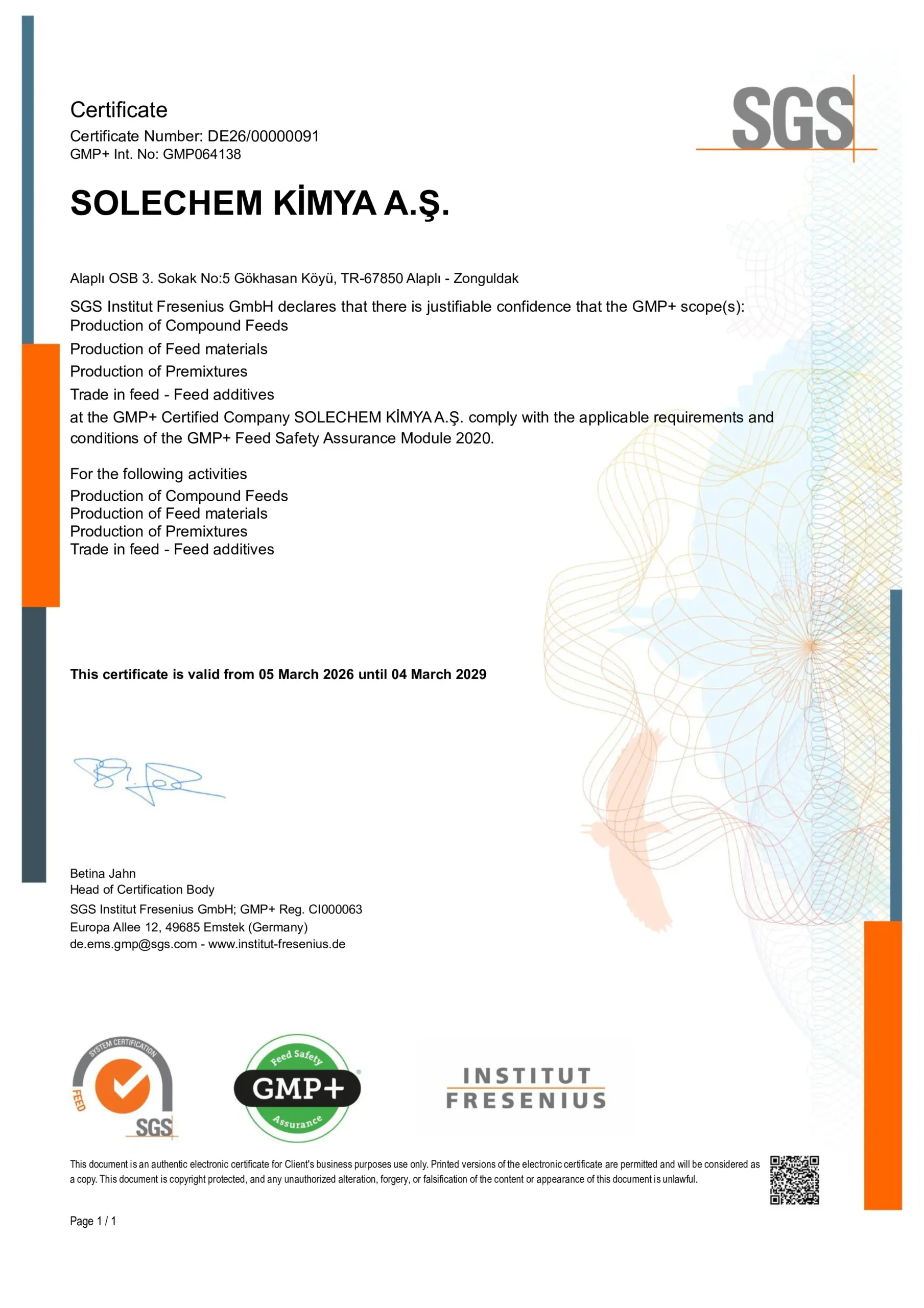 SGS GMP+ FSA Certificate — SoleChem Kimya A.Ş.