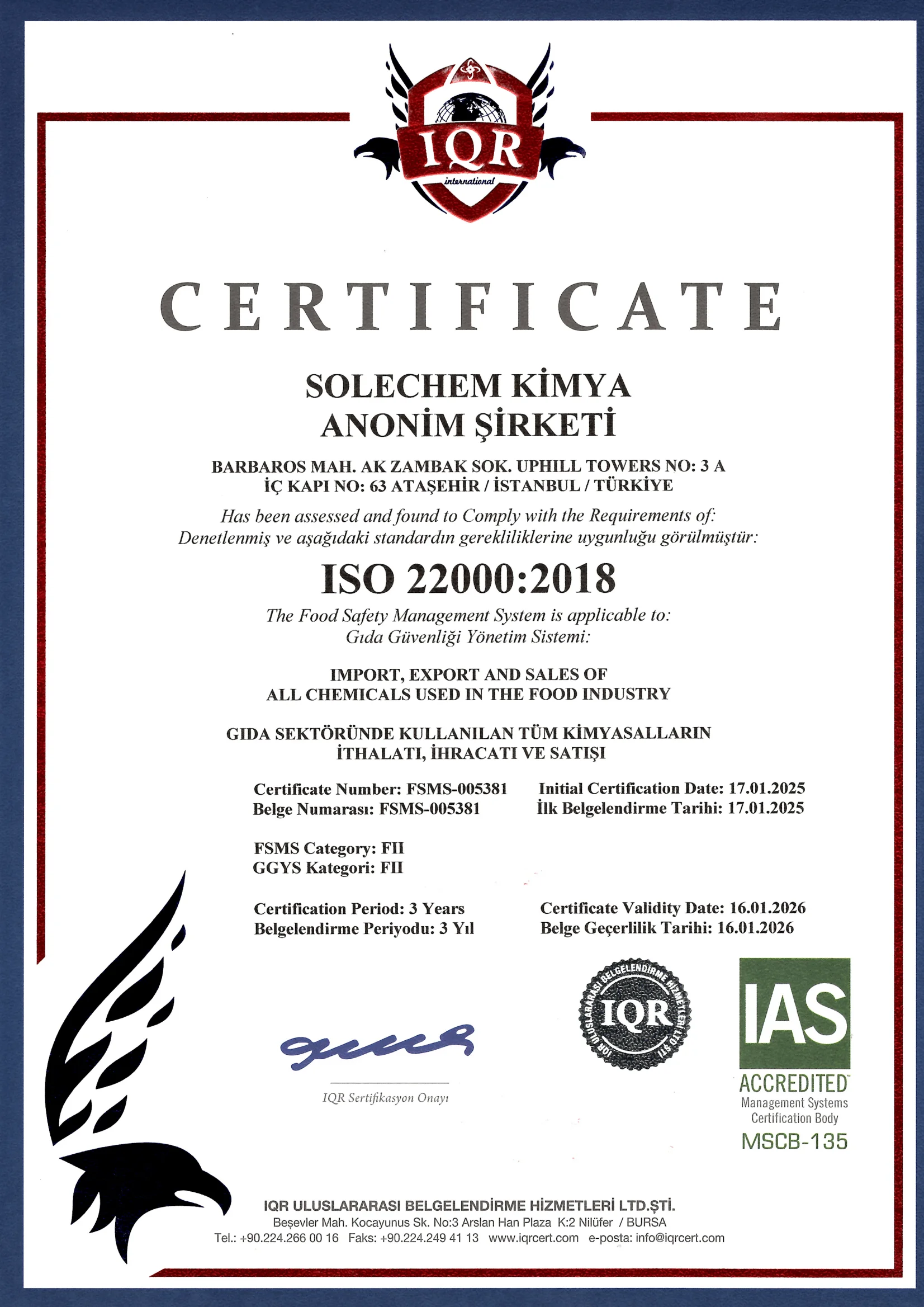ISO 22000:2018 Certificate — SoleChem Kimya A.Ş.