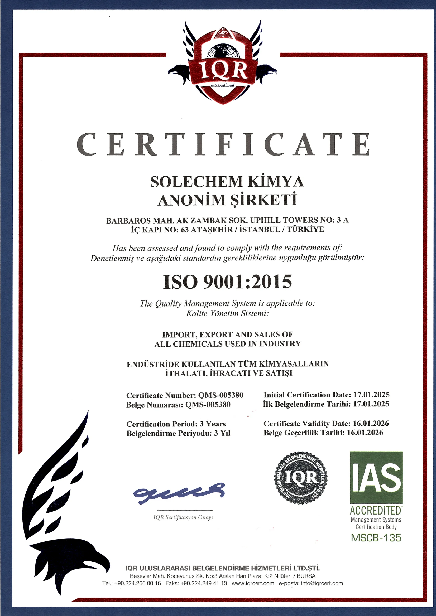 ISO 9001:2015 Certificate — SoleChem Kimya A.Ş.
